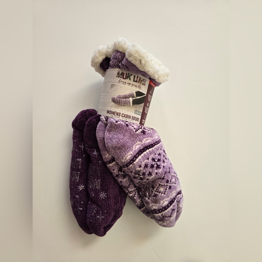 Muk Luks Purple Plush Cabin Socks 2 Pair Pack - L/XL - Picture 2 of 5